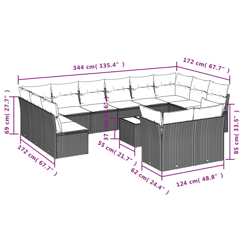 Set mobilier de grădină cu perne, 13 piese, negru, poliratan 3250274 - imagine 3