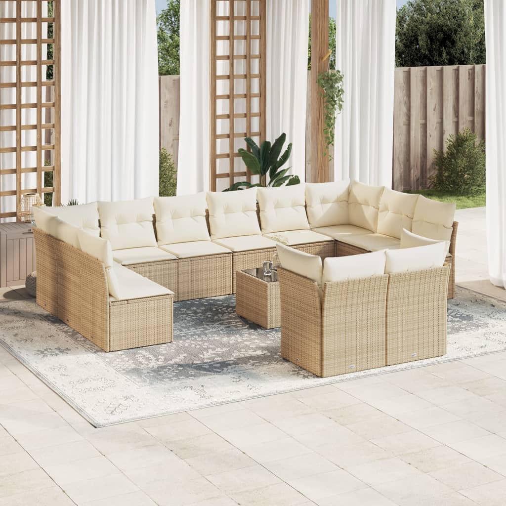 13-tlg. Garten-Sofagarnitur mit Kissen Beige Poly Rattan