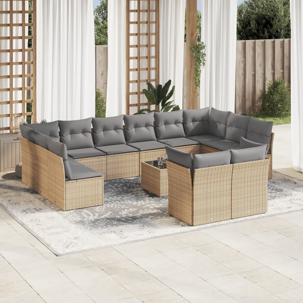 13-tlg. Garten-Sofagarnitur mit Kissen Beige Poly Rattan