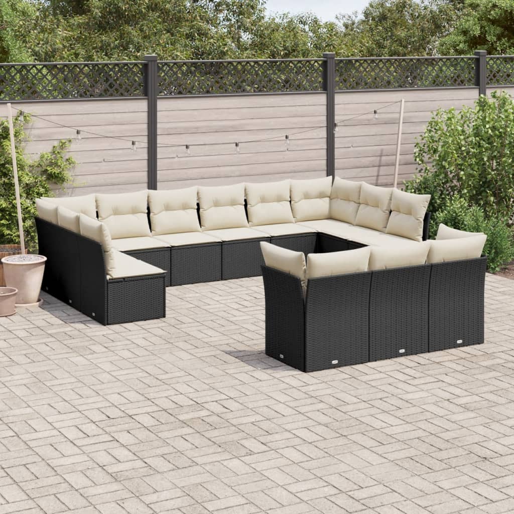 vidaXL 13-tlg. Garten-Sofagarnitur mit Kissen Schwarz Poly Rattan