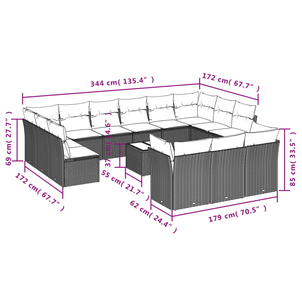 Set mobilier de grădină cu perne, 14 piese, negru, poliratan 3250294 - imagine 3