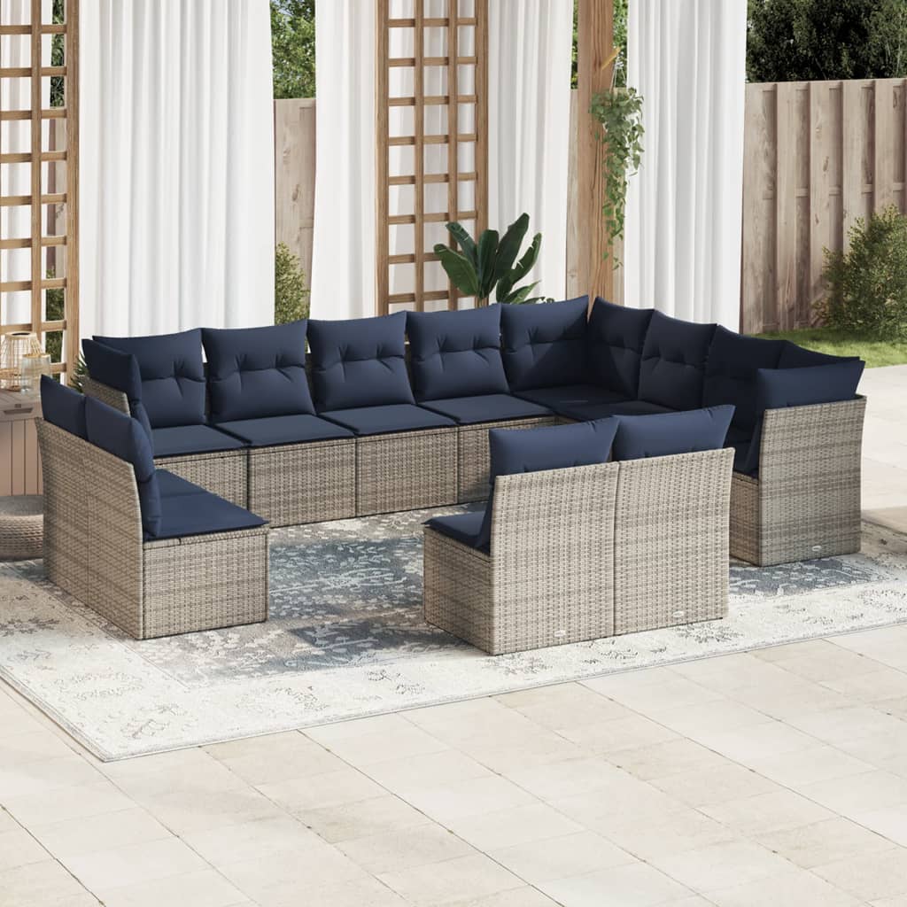 12 pcs conjunto sofás p/ jardim c/ almofadões vime PE cinzento