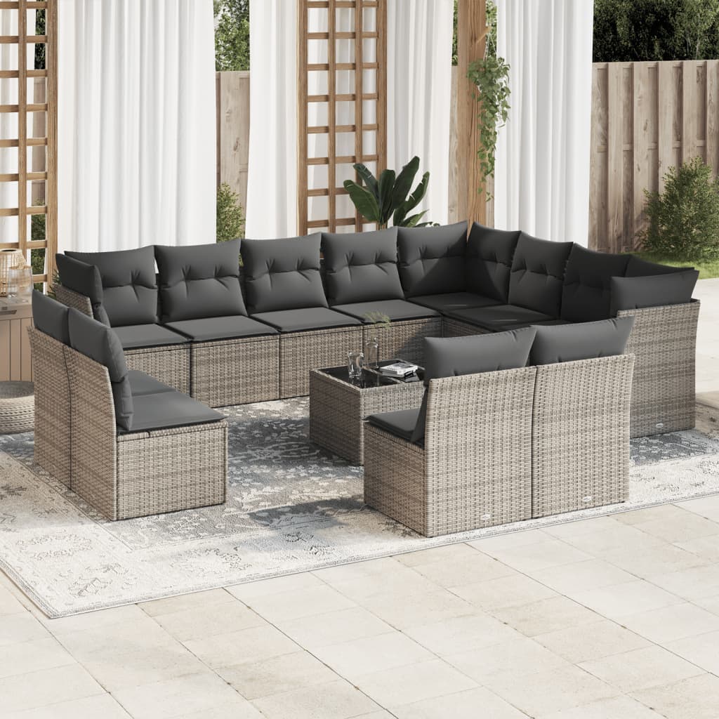 13-tlg. Garten-Sofagarnitur mit Kissen Grau Poly Rattan