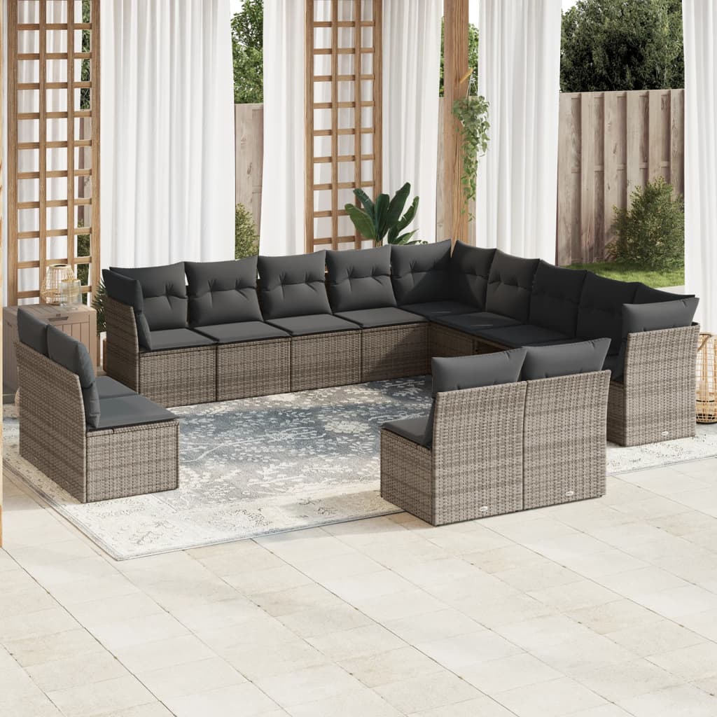 vidaXL 13-tlg. Garten-Sofagarnitur mit Kissen Grau Poly Rattan