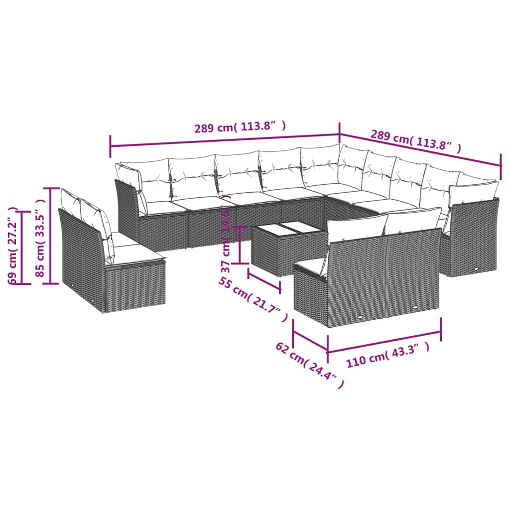 vidaXL 14-delige Loungeset met kussens poly rattan bruin