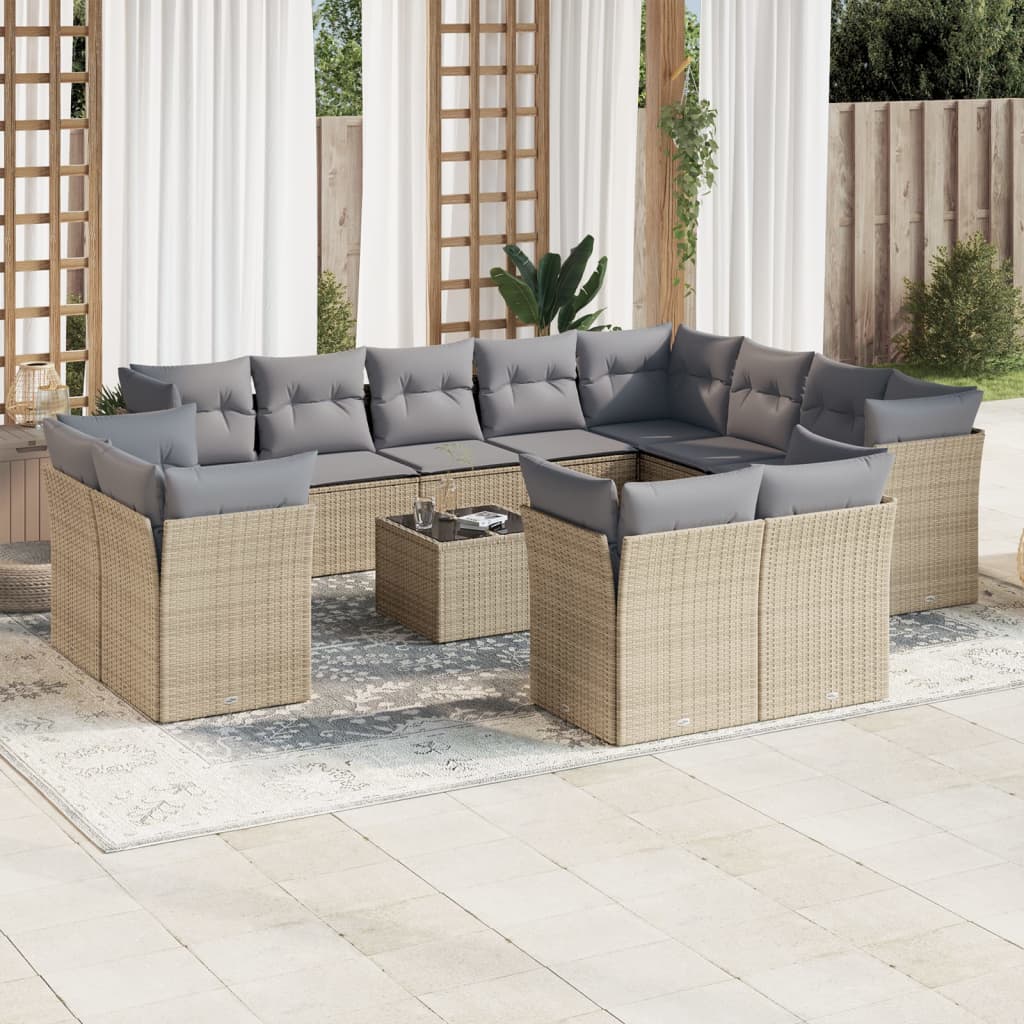 13-tlg. Garten-Sofagarnitur mit Kissen Beige Poly Rattan