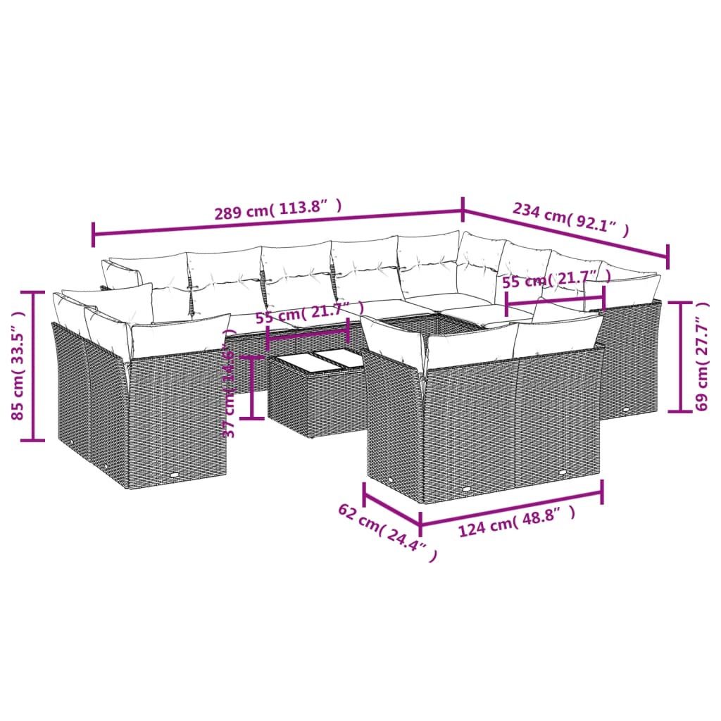 Set mobilier de grădină cu perne, 13 piese, gri, poliratan 3250379 - imagine 3