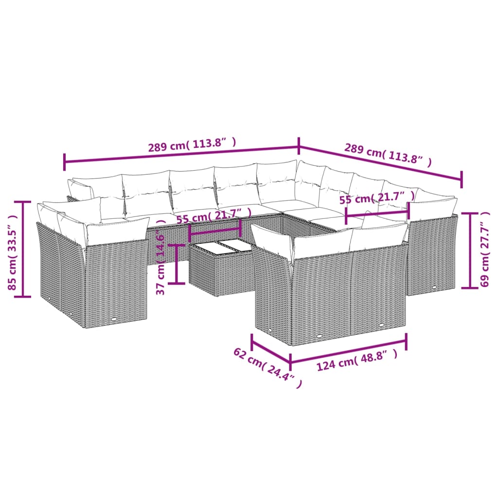 Set mobilier de grădină cu perne, 14 piese, gri, poliratan 3250399 - imagine 3