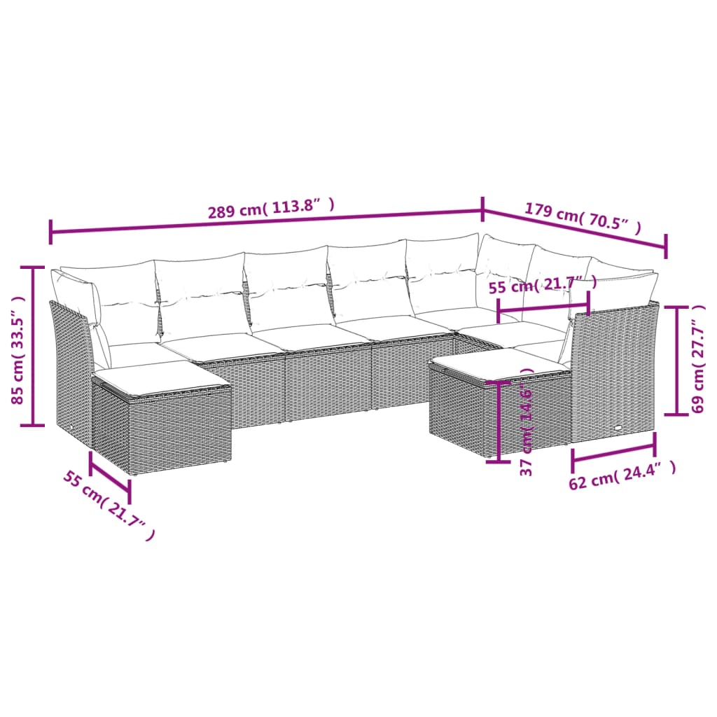 vidaXL 9-delige Loungeset met kussens poly rattan zwart afbeelding