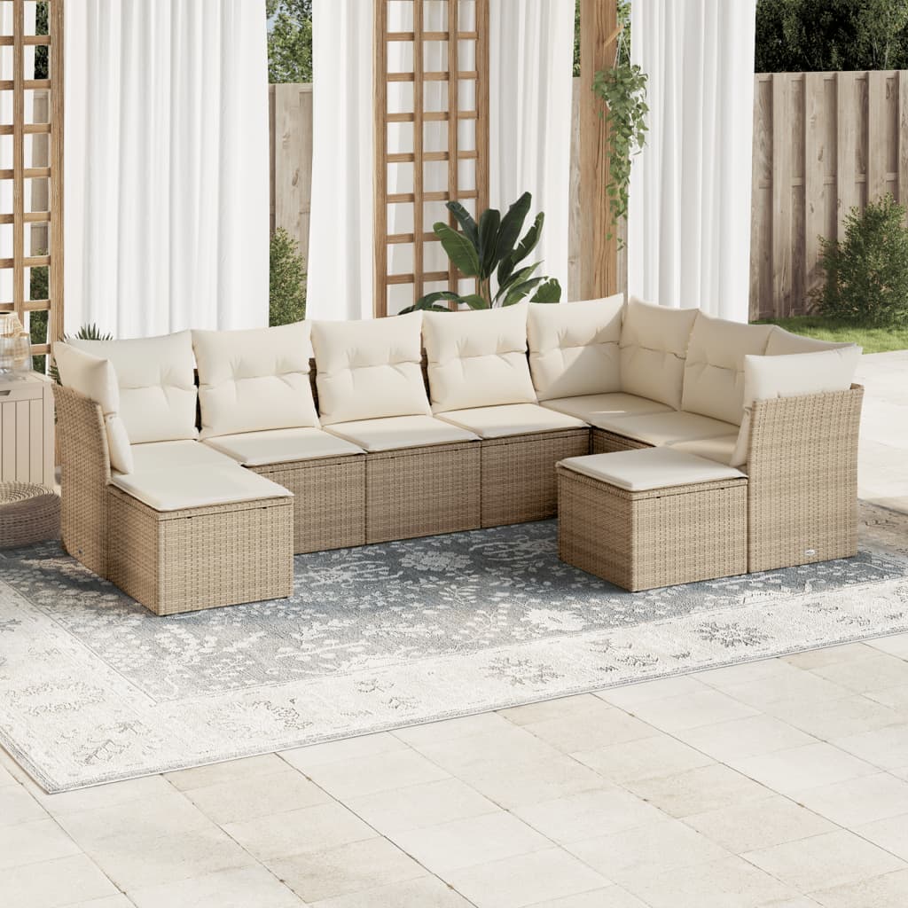 vidaXL 9-tlg. Garten-Sofagarnitur mit Kissen Beige Poly Rattan