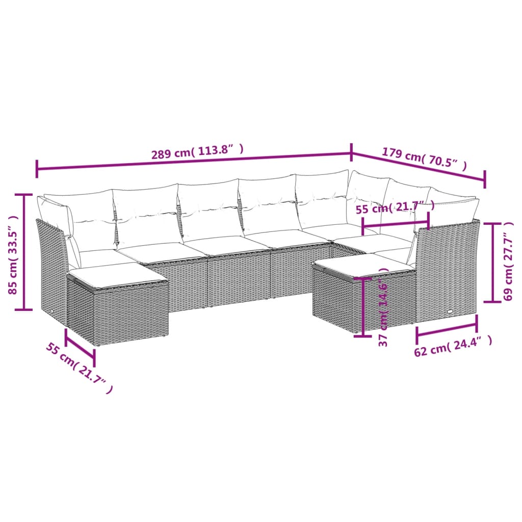 vidaXL 9-delige Loungeset met kussens poly rattan grijs afbeelding