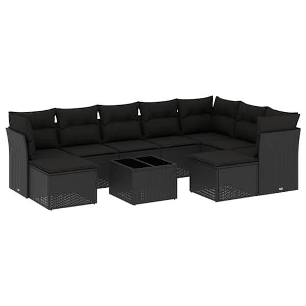 vidaXL 10-osaline aiadiivani komplekt patjadega, must, pol&uuml;rotang