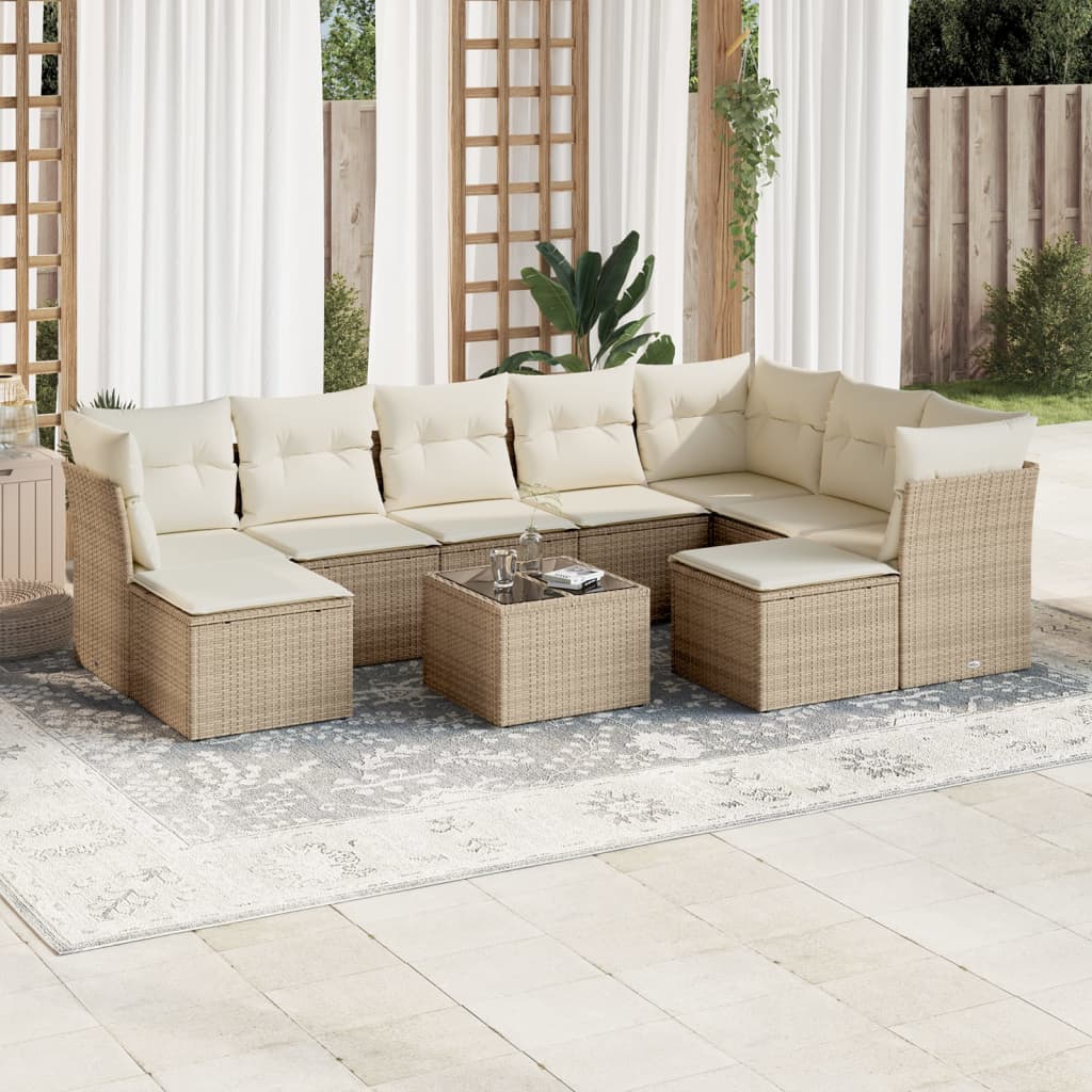 vidaXL 10-tlg. Garten-Sofagarnitur mit Kissen Beige Poly Rattan