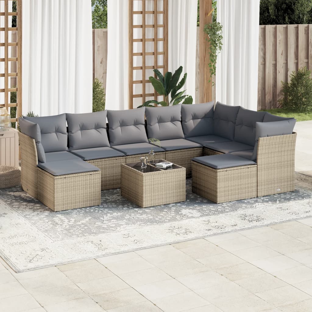 vidaXL 10-tlg. Garten-Sofagarnitur mit Kissen Beige Poly Rattan