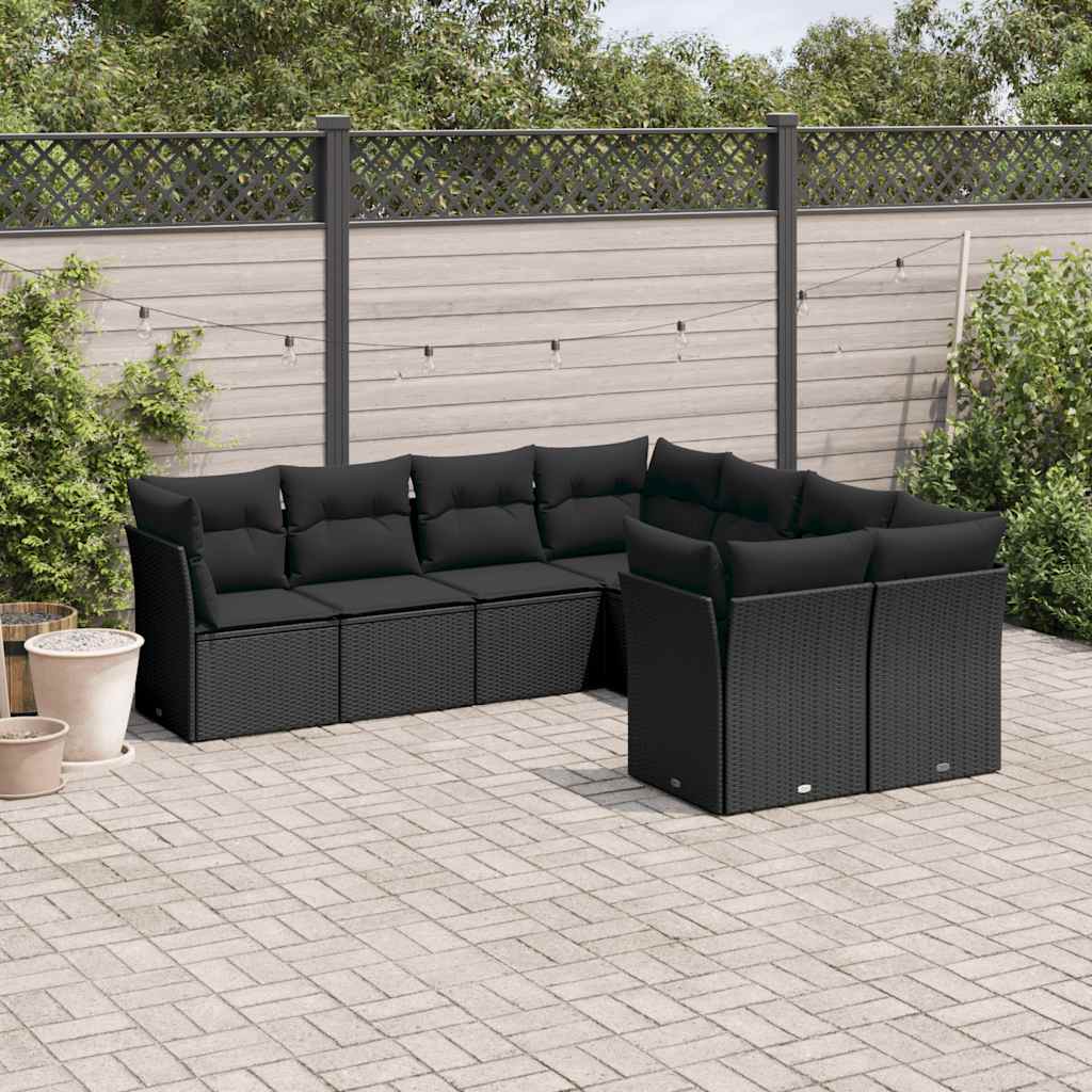 vidaXL 8-tlg. Garten-Sofagarnitur mit Kissen Schwarz Poly Rattan