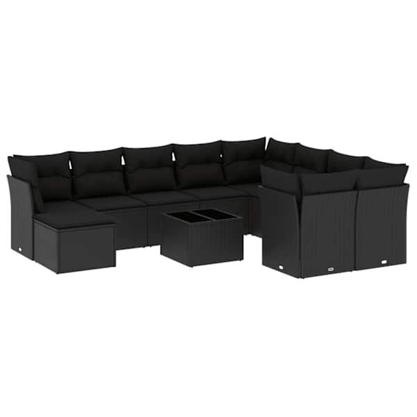 vidaXL 11-osaline aiadiivani komplekt patjadega, must, pol&uuml;rotang