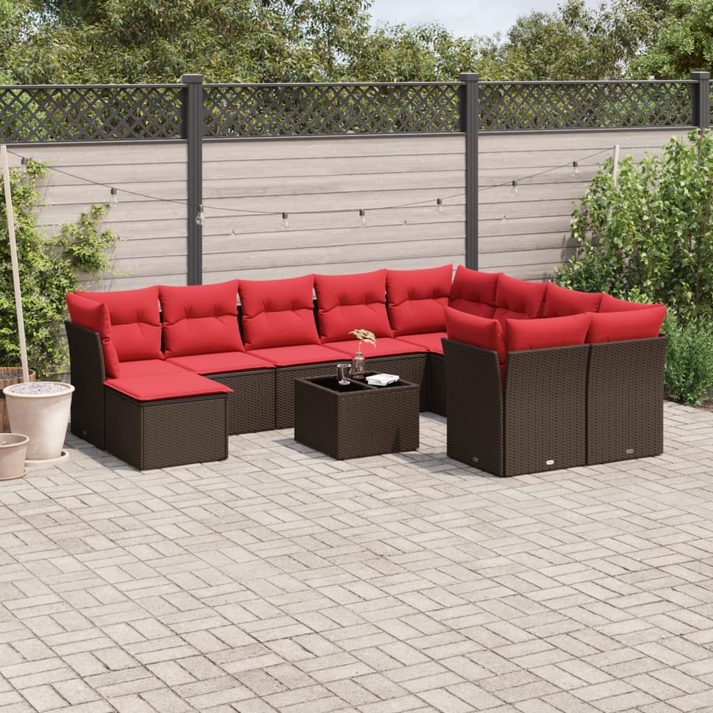 11 Piece Patio Sofa Set with Cushions Brown Poly Rattan
