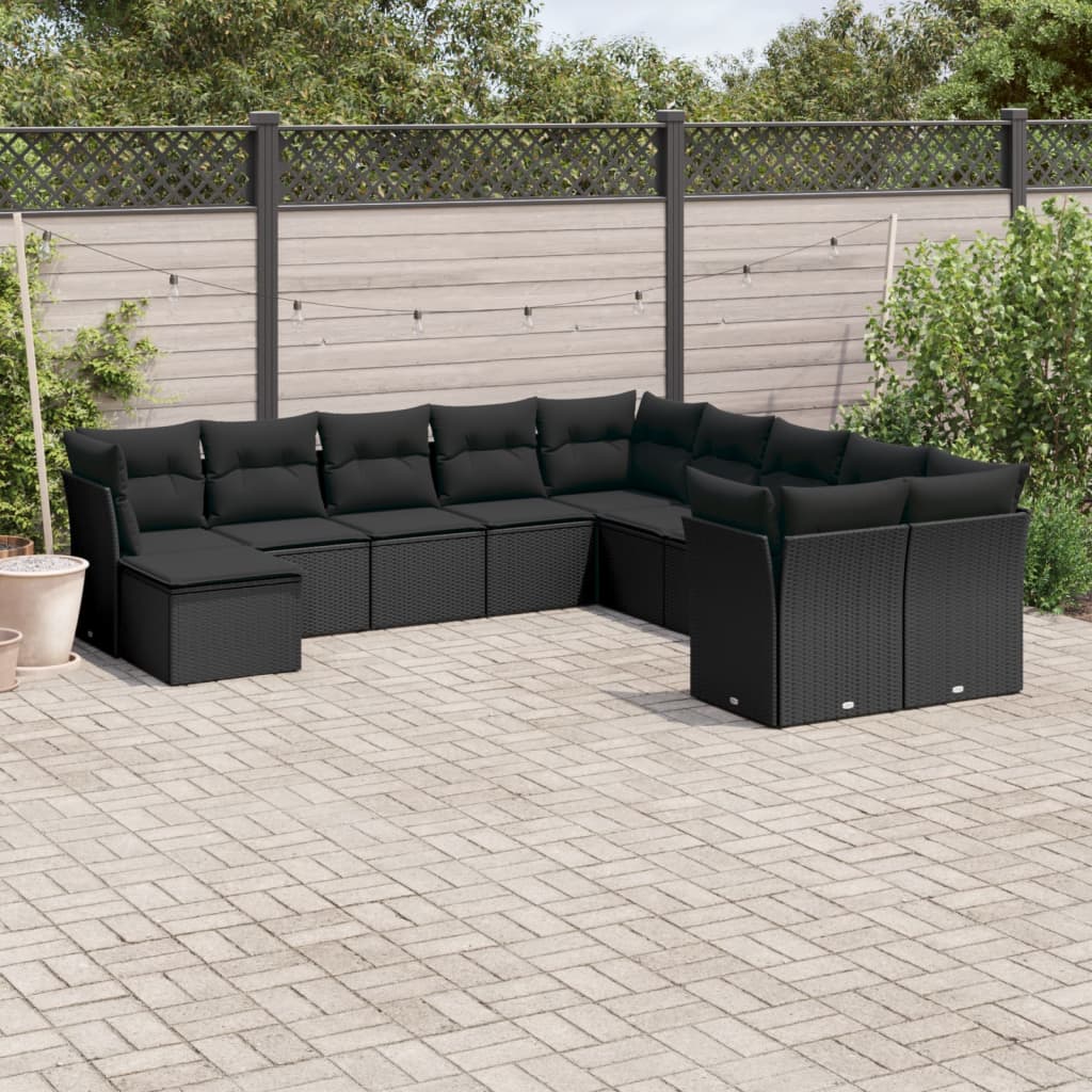 vidaXL 11-tlg. Garten-Sofagarnitur mit Kissen Schwarz Poly Rattan