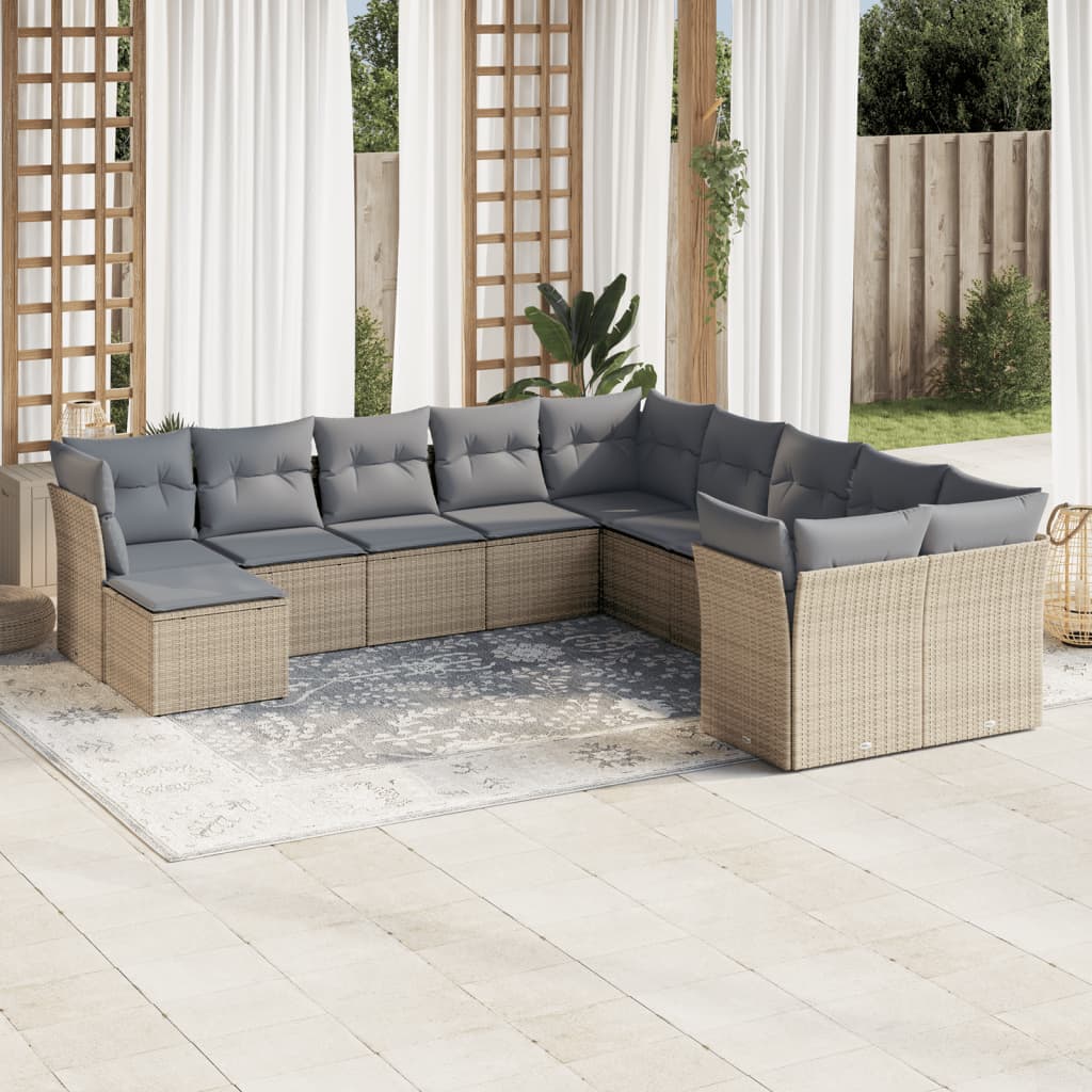 vidaXL 11-tlg. Garten-Sofagarnitur mit Kissen Beige Poly Rattan