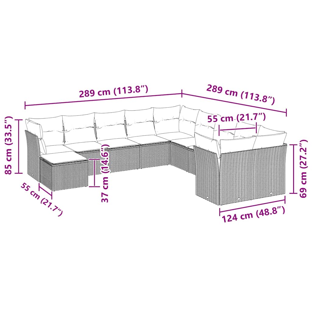 vidaXL 11-delige Loungeset met kussens poly rattan lichtgrijs afbeelding