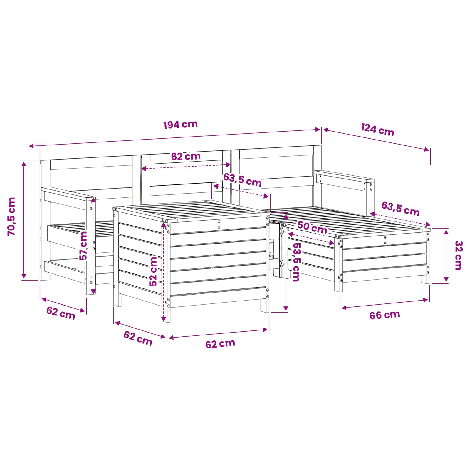 5 Piece Garden Sofa Set Impregnated Wood Pine size guide