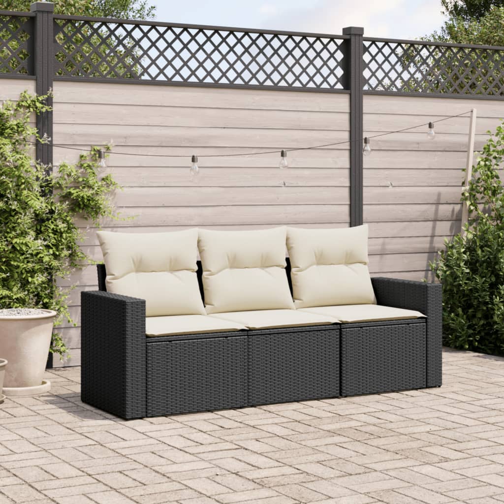 vidaXL 3-delige Loungeset met kussens poly rattan zwart, foto 2