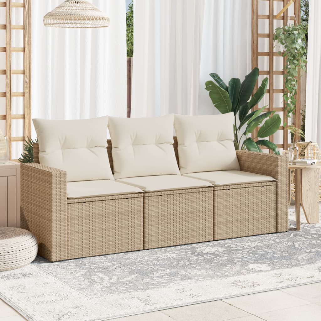 vidaXL 3-tlg. Garten-Sofagarnitur mit Kissen Beige Poly Rattan