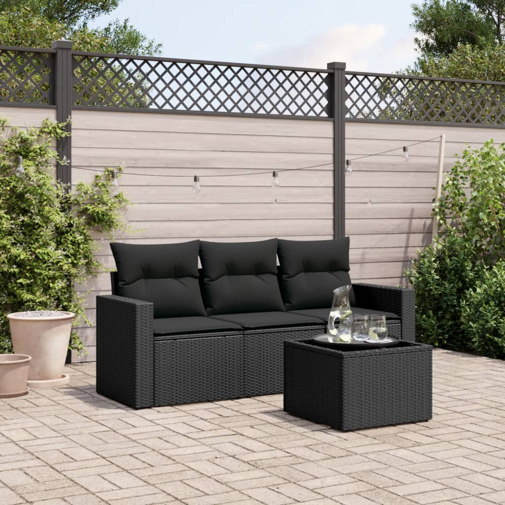 vidaXL 4 Piece Garden Sofa Set with Cushions Black Poly Rattan