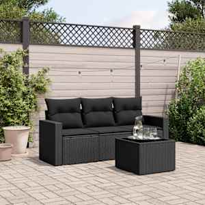 Vrtna sedežna garnitura 4-delna z blazinami črna poli ratan