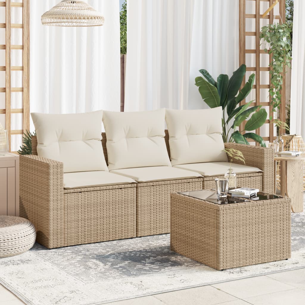 vidaXL 4-tlg. Garten-Sofagarnitur mit Kissen Beige Poly Rattan