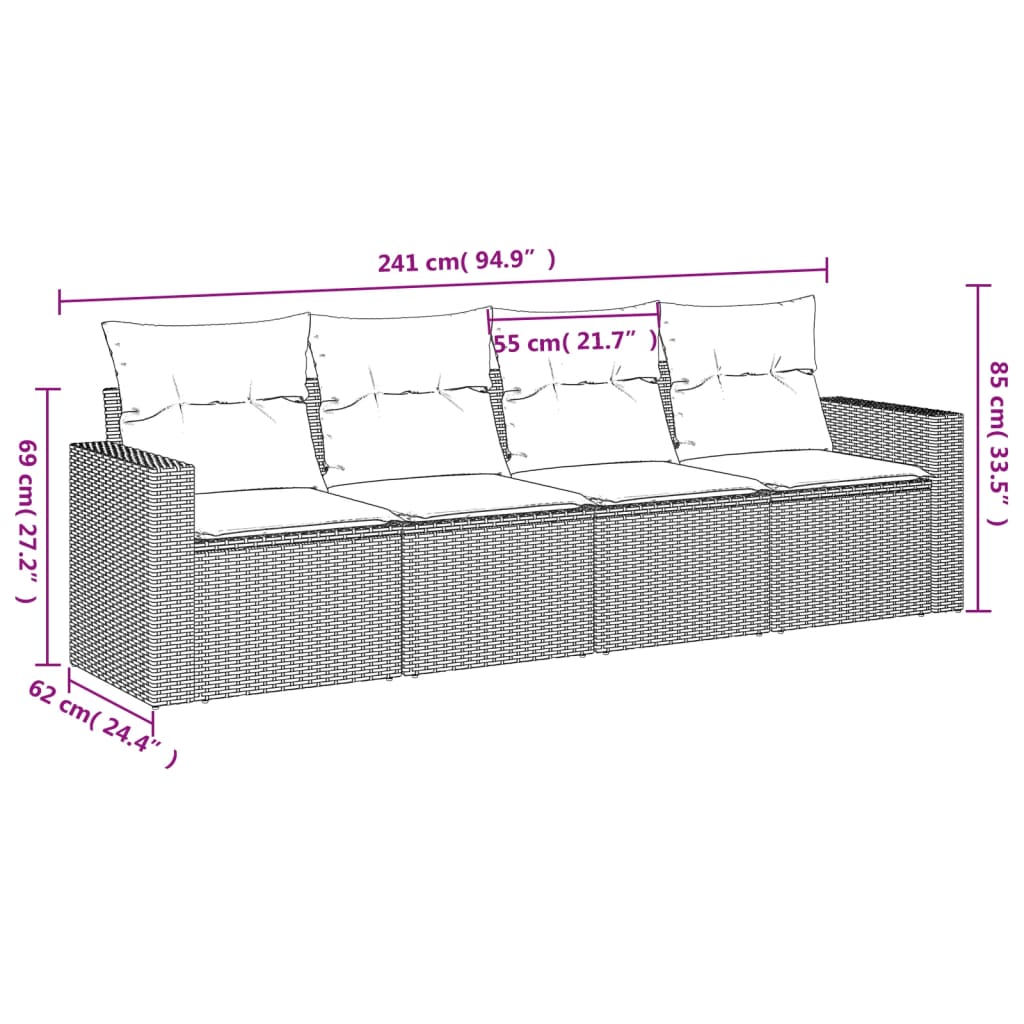 vidaXL 4-delige Loungeset met kussens poly rattan bruin