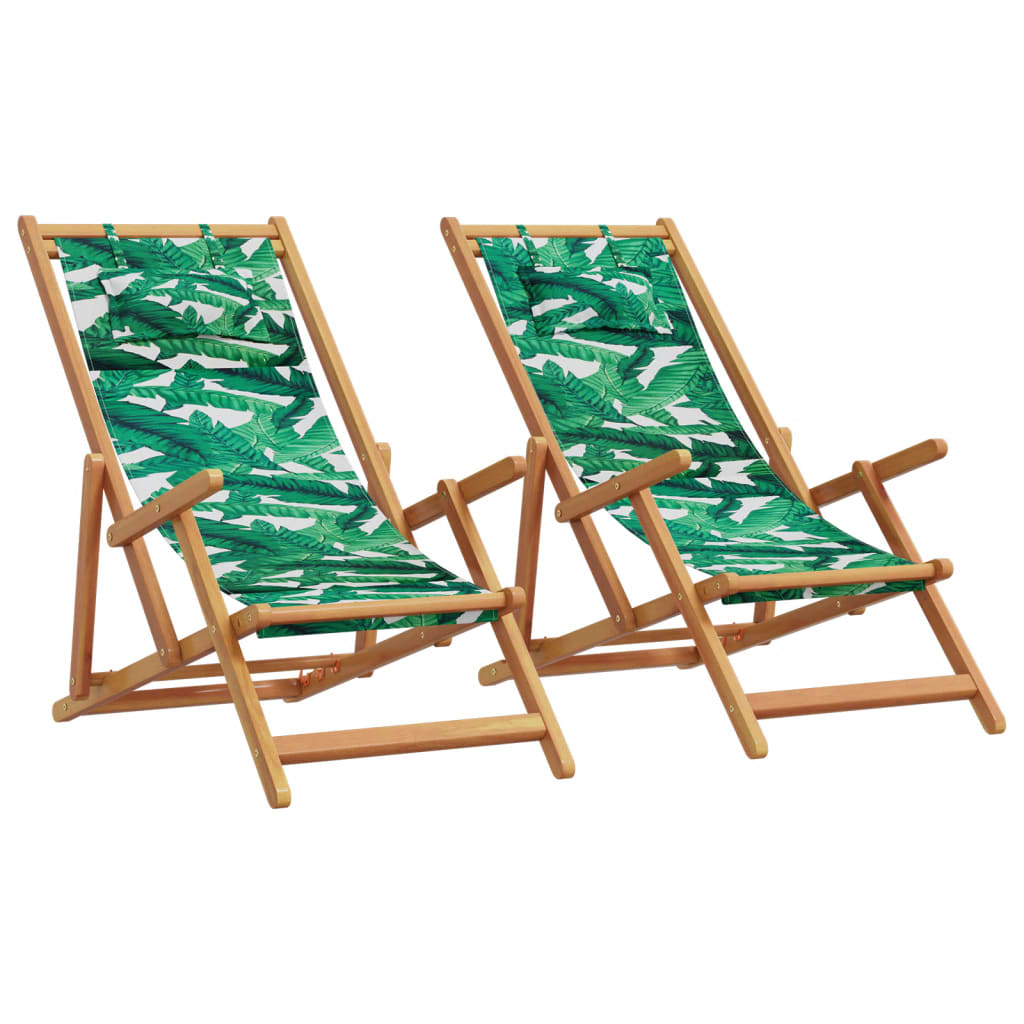 Strandstühle 2 Stk. Klappbar Blattmuster Stoff und Massivholz
