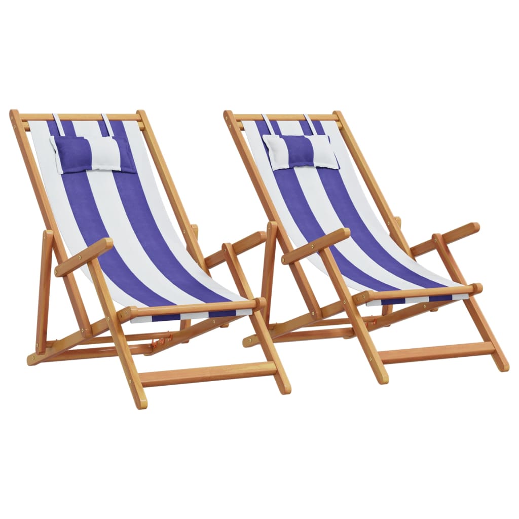 Strandstühle 2 Stk. Klappbar Blau Weiß Stoff und Massivholz