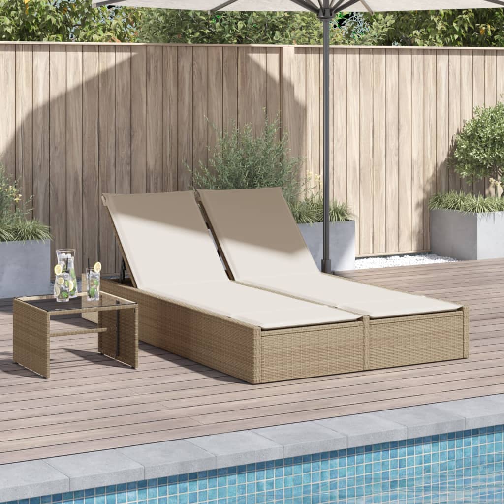 vidaXL Doppel-Sonnenliege mit Auflagen Beige Poly Rattan