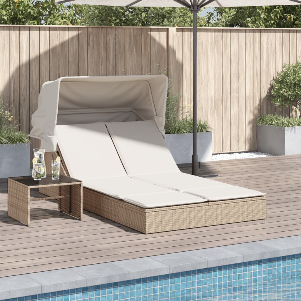 vidaXL Doppel-Sonnenliege mit Dach und Auflagen Beige Poly Rattan