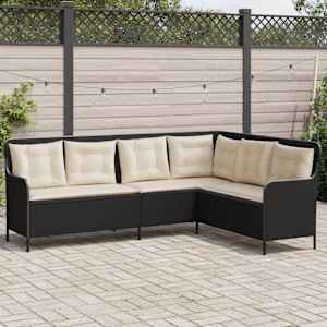 Vrtni kavč z blazinami v obliki črke L črn poli ratan