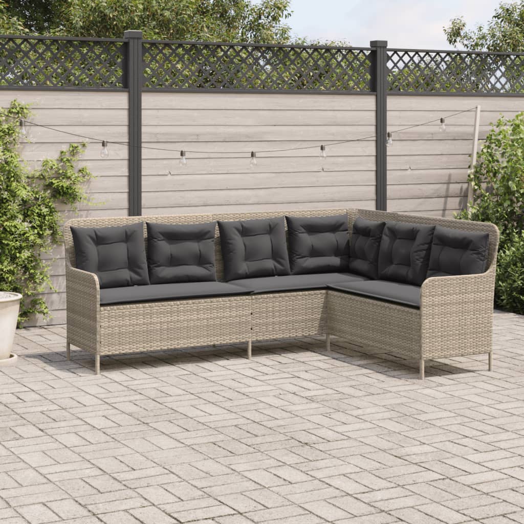 vidaXL Tuinbank met kussens L-vormig poly rattan lichtgrijs afbeelding