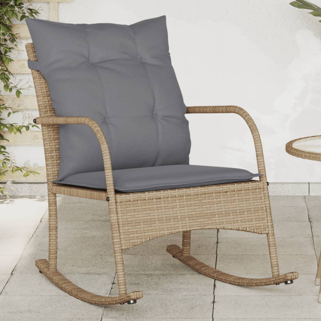 vidaXL Garten-Schaukelstuhl mit Kissen Beige Poly Rattan