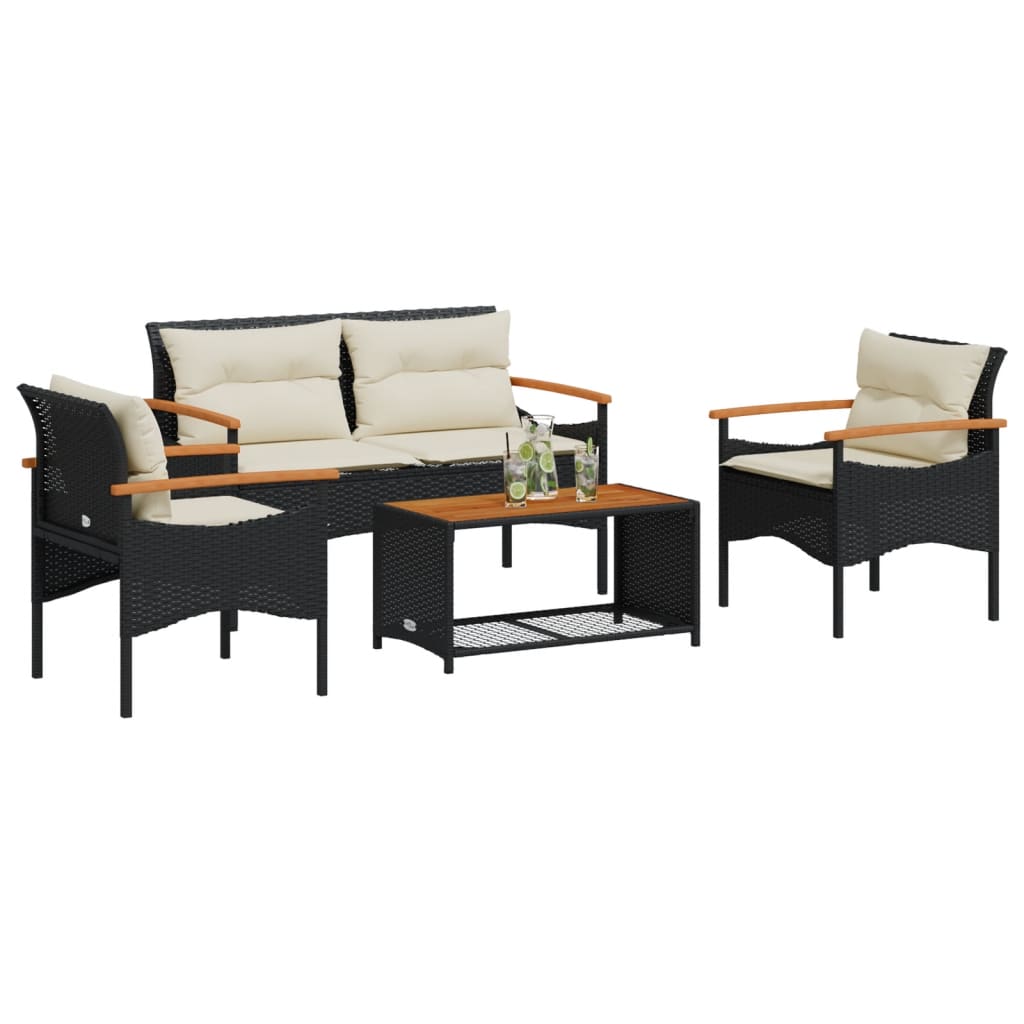 Zestaw wypoczynkowy rattanowy czarny - 1 stół, 2 krzesła, 1 ławka, 3 poduszki, 4 oparcia - 75x40x37cm