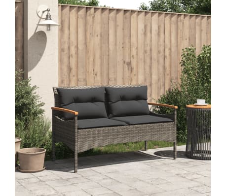 vidaXL Banc de jardin avec coussins 116x62,5x74 cm gris r&eacute;sine tress&eacute;e