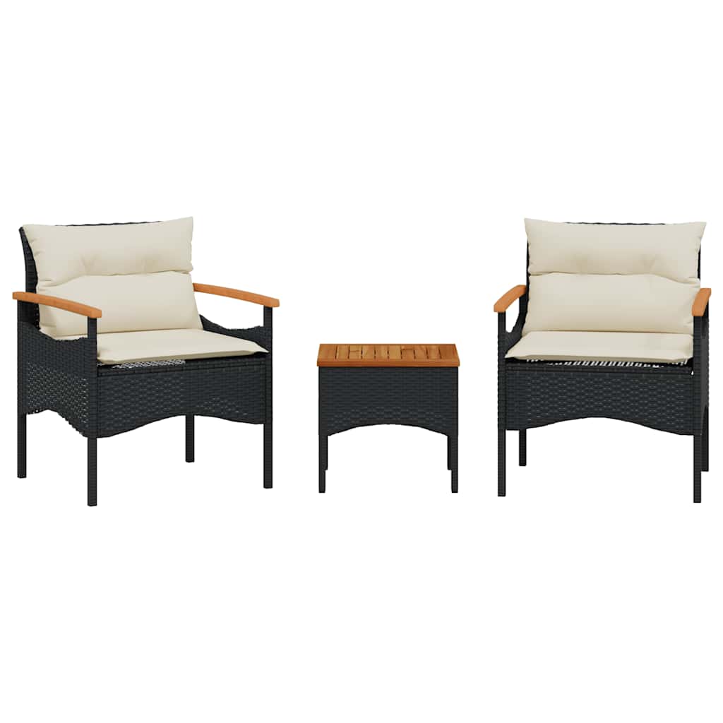 vidaXL Set mobilier de grădină cu perne, 3 piese, negru, poliratan