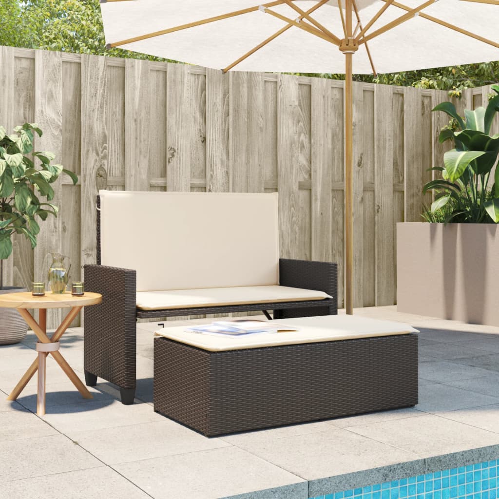 vidaXL Tuinbank met kussens en voetenbank poly rattan bruin afbeelding