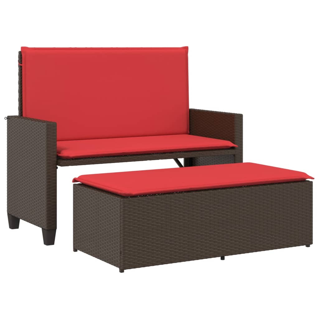 VidaXL Patio Bench With Cushions And Footstool Brown Poly Rattan