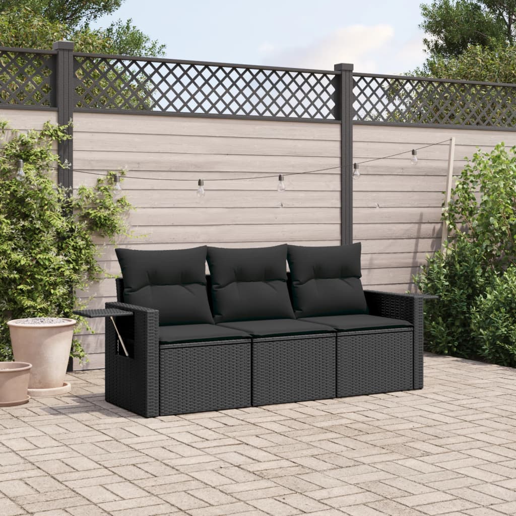 3-tlg. Garten-Sofagarnitur mit Kissen Schwarz Poly Rattan