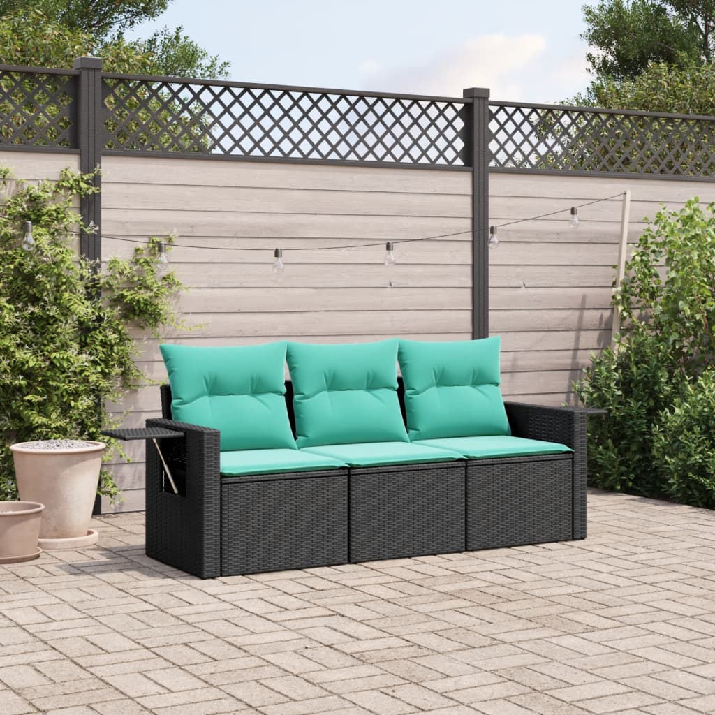 vidaXL 3-teiliges Gartensofa-Set mit Kissen, schwarzes Polyrattan