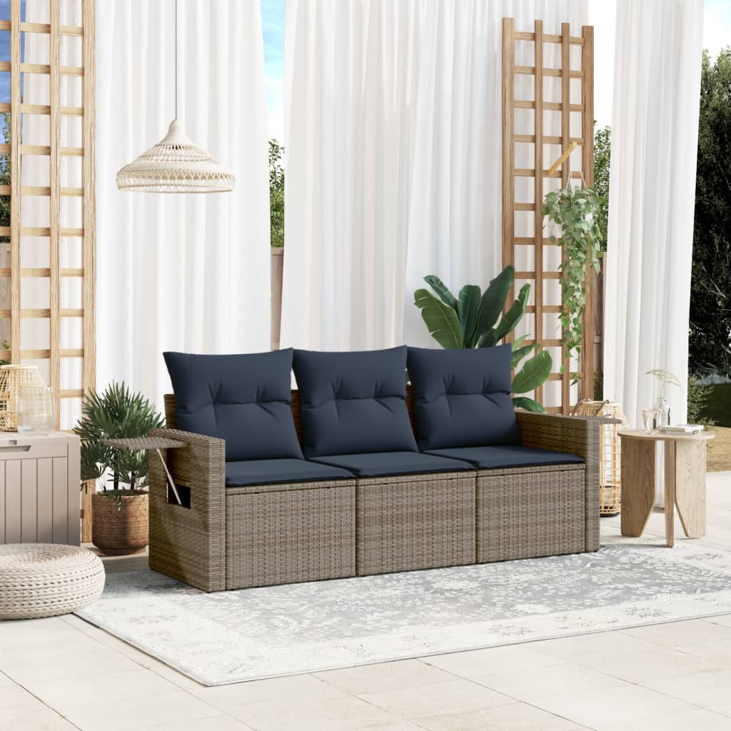 vidaXL 3-teiliges Gartensofa-Set mit Kissen, grau, Polyrattan
