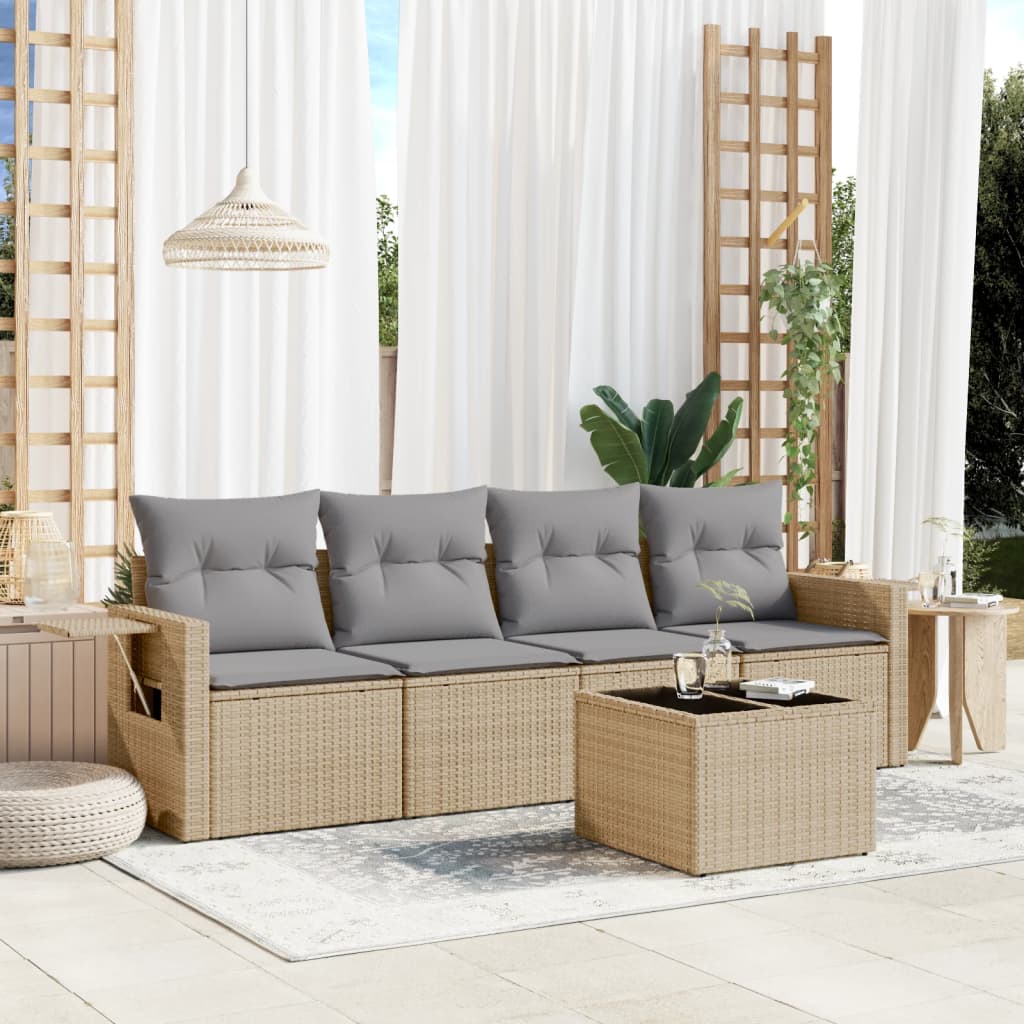 5-tlg. Garten-Sofagarnitur mit Kissen Beige Poly Rattan