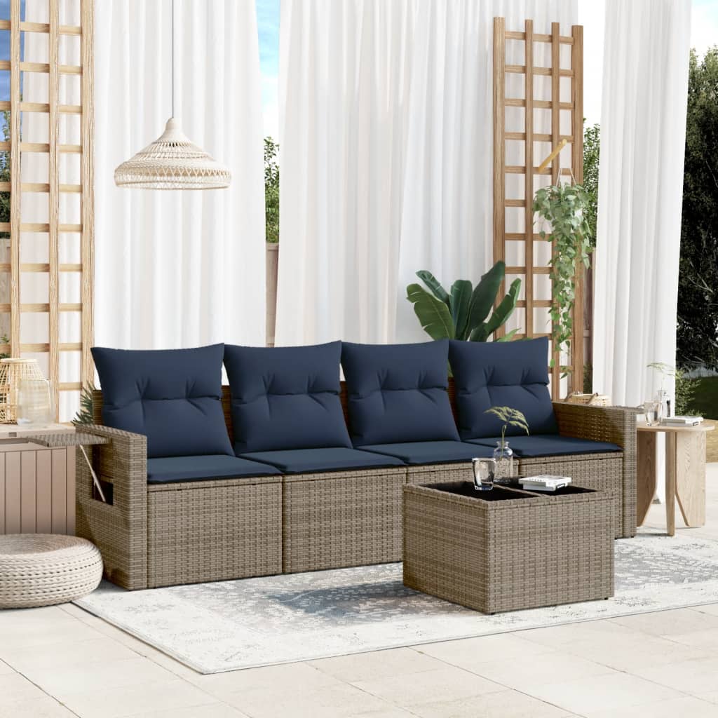 Havesofasæt i polyrattan med 5 dele og hynder - grå/marineblå