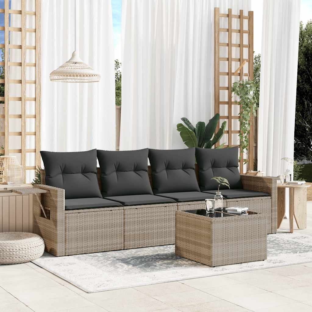 vidaXL 5-tlg. Garten-Sofagarnitur mit Kissen Hellgrau Poly Rattan