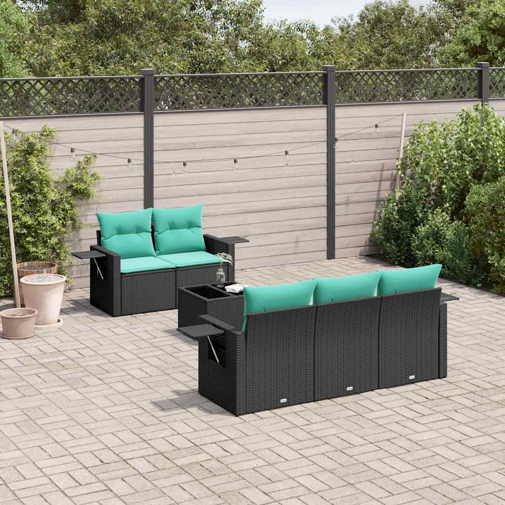6 Piece Patio Sofa Set with Cushions Black Poly Rattan